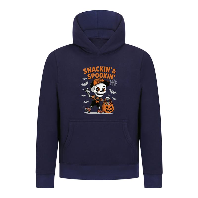 Everyday Kids “Snackin’ & Spookin’” Pullover Halloween Hoodie – Skeleton Trick-or-Treater with Candy Bag – Cozy Fall Sweatshirt for Boys, Navy