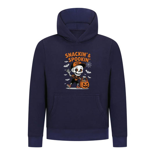 Everyday Kids “Snackin’ & Spookin’” Pullover Halloween Hoodie – Skeleton Trick-or-Treater with Candy Bag – Cozy Fall Sweatshirt for Boys, Navy