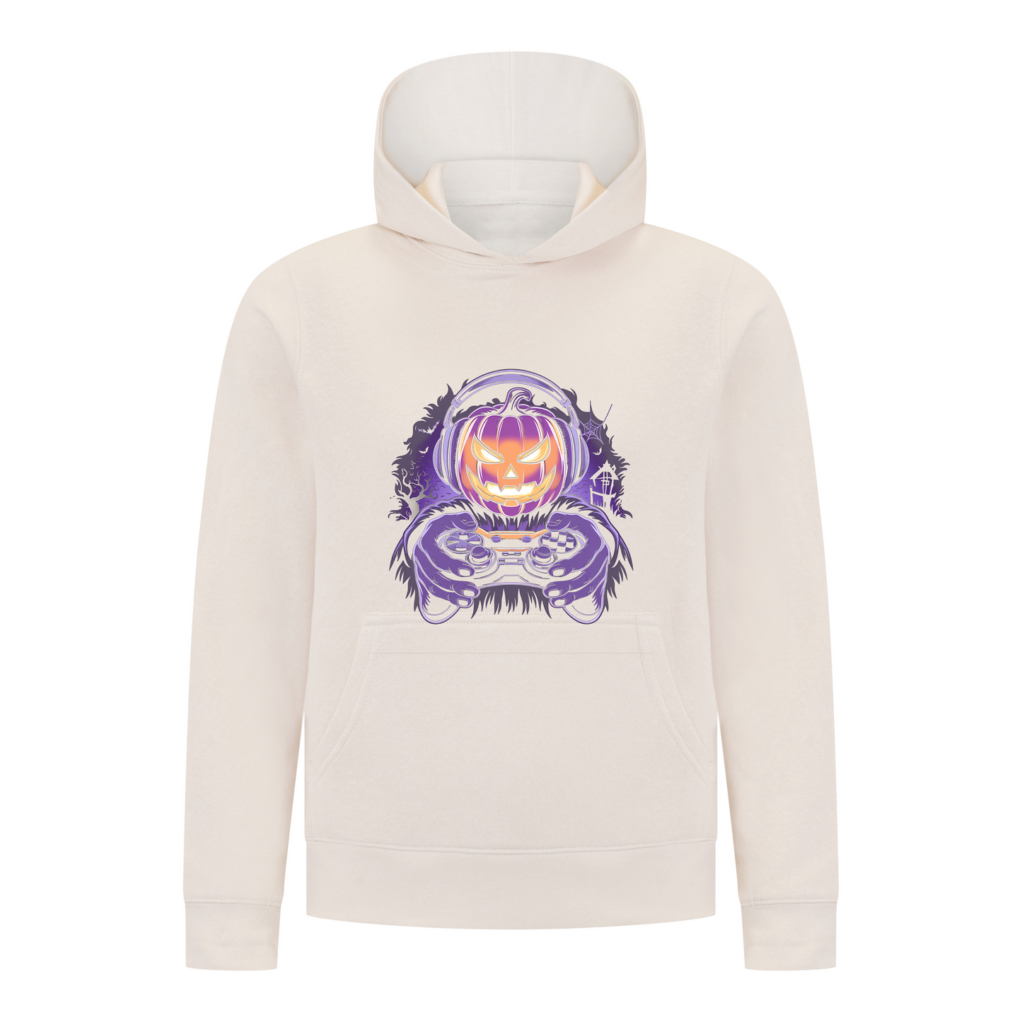Everyday Kids Halloween Pullover Hoodie – Gamer Pumpkin with Headphones and Controller – Cozy Fall Sweatshirt for Boys, Off-White