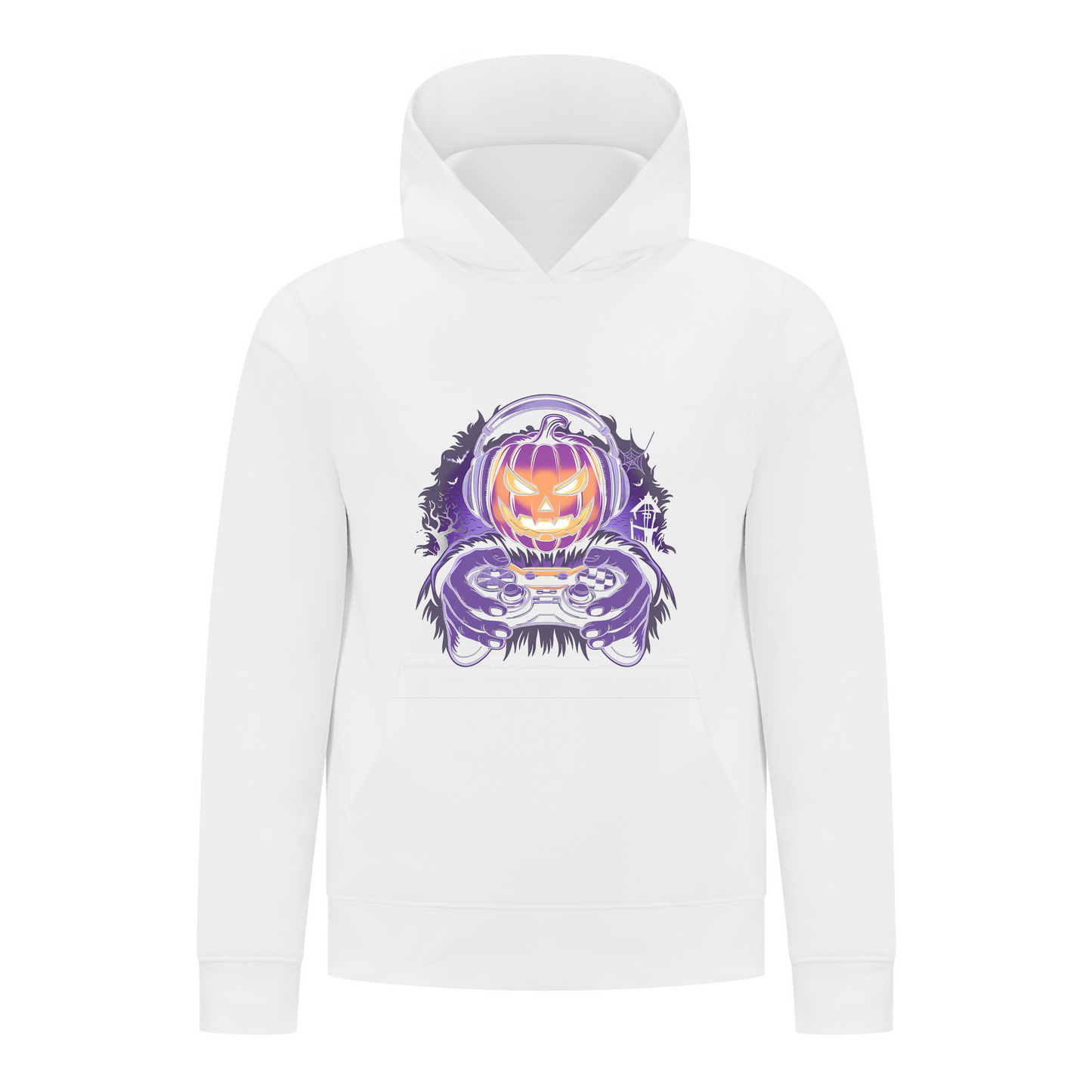 Everyday Kids Halloween Pullover Hoodie – Gamer Pumpkin with Headphones and Controller – Cozy Fall Sweatshirt for Boys, White