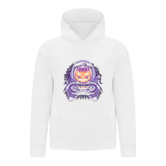 Everyday Kids Halloween Pullover Hoodie – Gamer Pumpkin with Headphones and Controller – Cozy Fall Sweatshirt for Boys, White