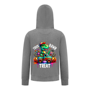 Everyday Kids “Trick RAWR Treat” Dinosaur Halloween Hoodie – Cute T-Rex Truck Graphic with Pumpkins & Candy – Fun Fall Pullover Sweatshirt for Boys, Charcoal Gray