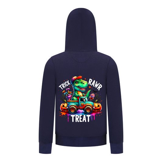 Everyday Kids “Trick RAWR Treat” Dinosaur Halloween Hoodie – Cute T-Rex Truck Graphic with Pumpkins & Candy – Fun Fall Pullover Sweatshirt for Boys, Navy