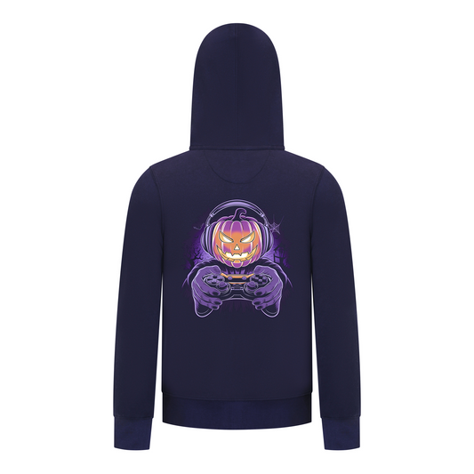 Everyday Kids Halloween Zip Up Hoodie – Gamer Pumpkin with Headphones and Controller – Cozy Fall Sweatshirt for Boys