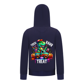 Everyday Kids “Trick RAWR Treat” Dinosaur Halloween Hoodie – Cute T-Rex Truck Graphic with Pumpkins & Candy – Fun Fall Pullover Sweatshirt for Boys, Navy