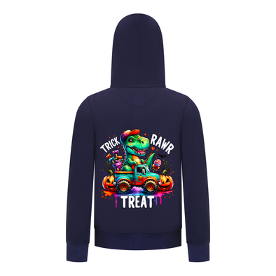 Everyday Kids “Trick RAWR Treat” Dinosaur Halloween Hoodie – Cute T-Rex Truck Graphic with Pumpkins & Candy – Fun Fall Zip-Up Sweatshirt for Boys, Navy