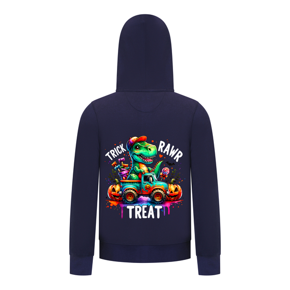 Everyday Kids “Trick RAWR Treat” Dinosaur Halloween Hoodie – Cute T-Rex Truck Graphic with Pumpkins & Candy – Fun Fall Zip-Up Sweatshirt for Boys, Navy