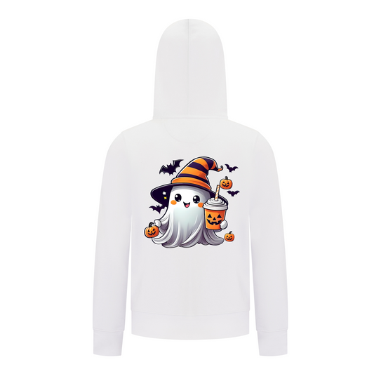 Everyday Kids Halloween Zip Up Hoodie – Cute Ghost with Witch Hat and Pumpkin Drink – Cozy Fall Sweatshirt for Girls, White