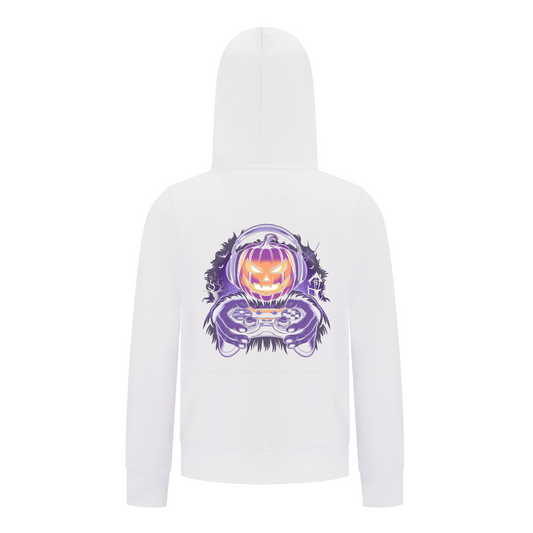 Everyday Kids Halloween Zip Up Hoodie – Gamer Pumpkin with Headphones and Controller – Cozy Fall Sweatshirt for Boys, White