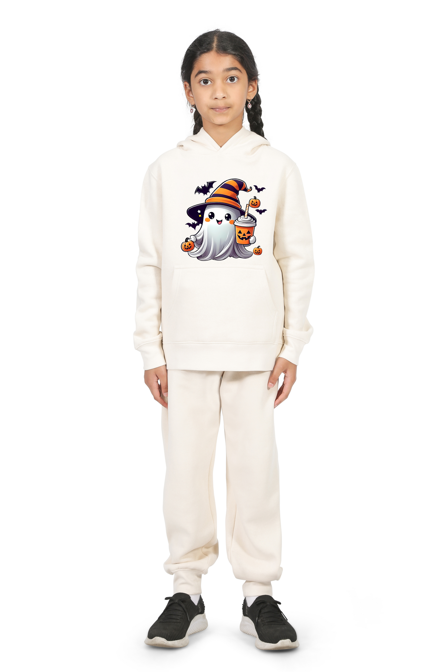 Everyday Kids Halloween Pullover Hoodie – Cute Ghost with Witch Hat and Pumpkin Drink – Cozy Fall Sweatshirt for Girls, Off-White