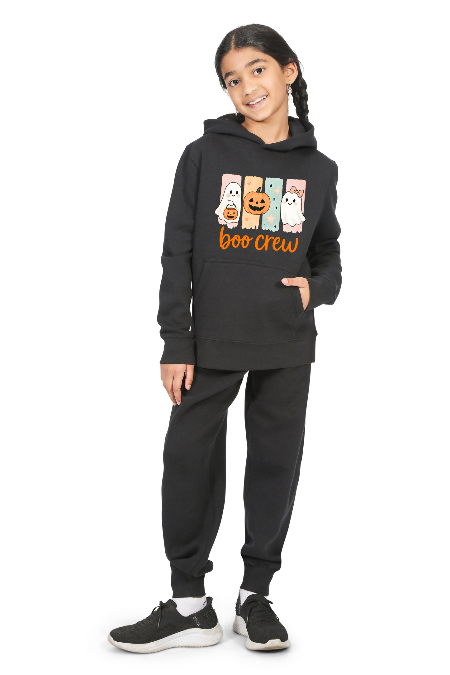 Everyday Kids “Boo Crew” Halloween Pullover Hoodie – Cute Ghosts and Pumpkins – Cozy Fall Sweatshirt for Girls, Black
