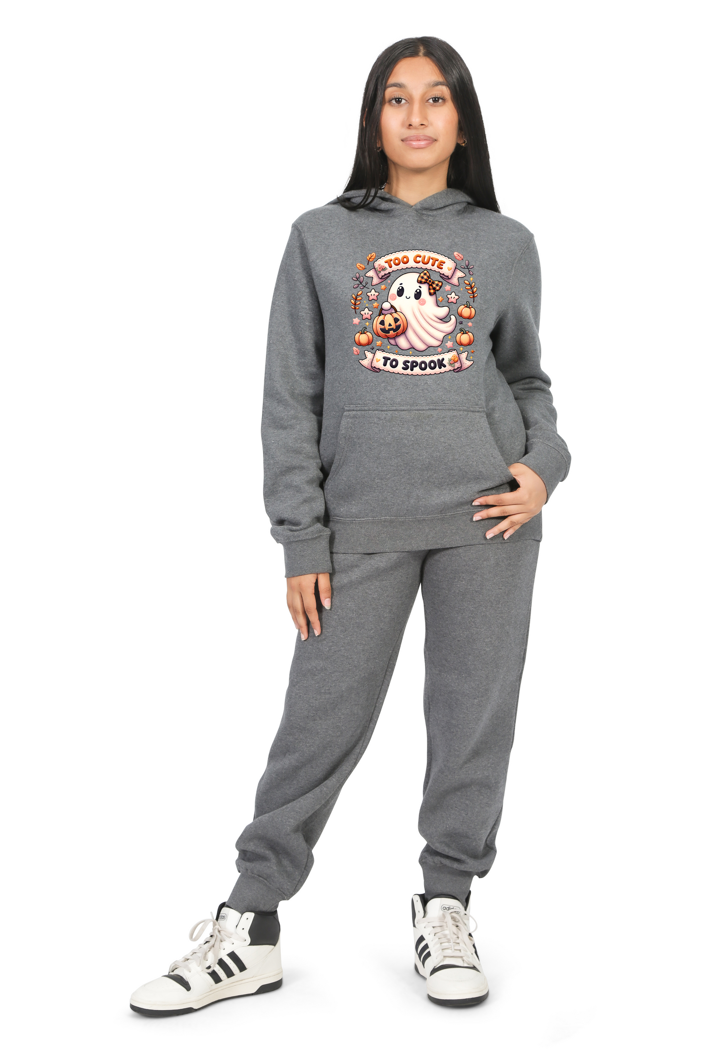 Everyday Kids “Too Cute To Spook” Halloween Pullover Hoodie – Adorable Ghost with Pumpkin Lantern – Cozy Fall Sweatshirt for Girls, Charcoal Gray