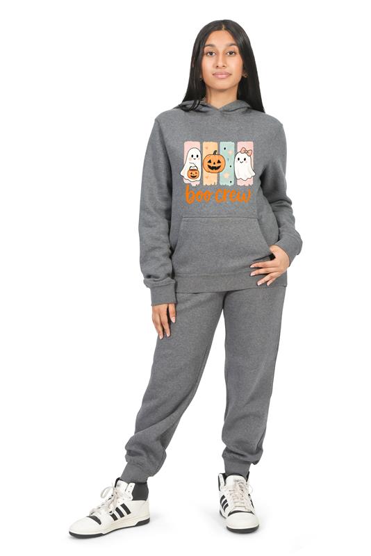 Everyday Kids “Boo Crew” Halloween Pullover Hoodie – Cute Ghosts and Pumpkins – Cozy Fall Sweatshirt for Girls, Charcoal Gray