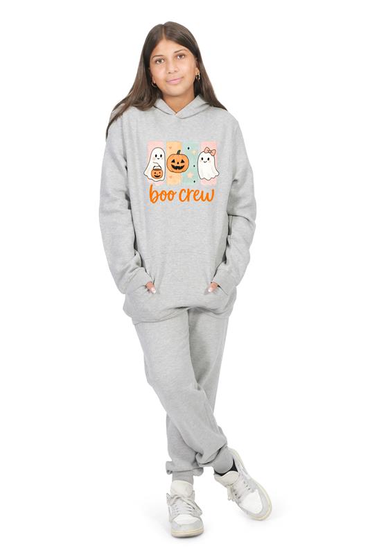 Everyday Kids “Boo Crew” Halloween Pullover Hoodie – Cute Ghosts and Pumpkins – Cozy Fall Sweatshirt for Girls, Heather Gray