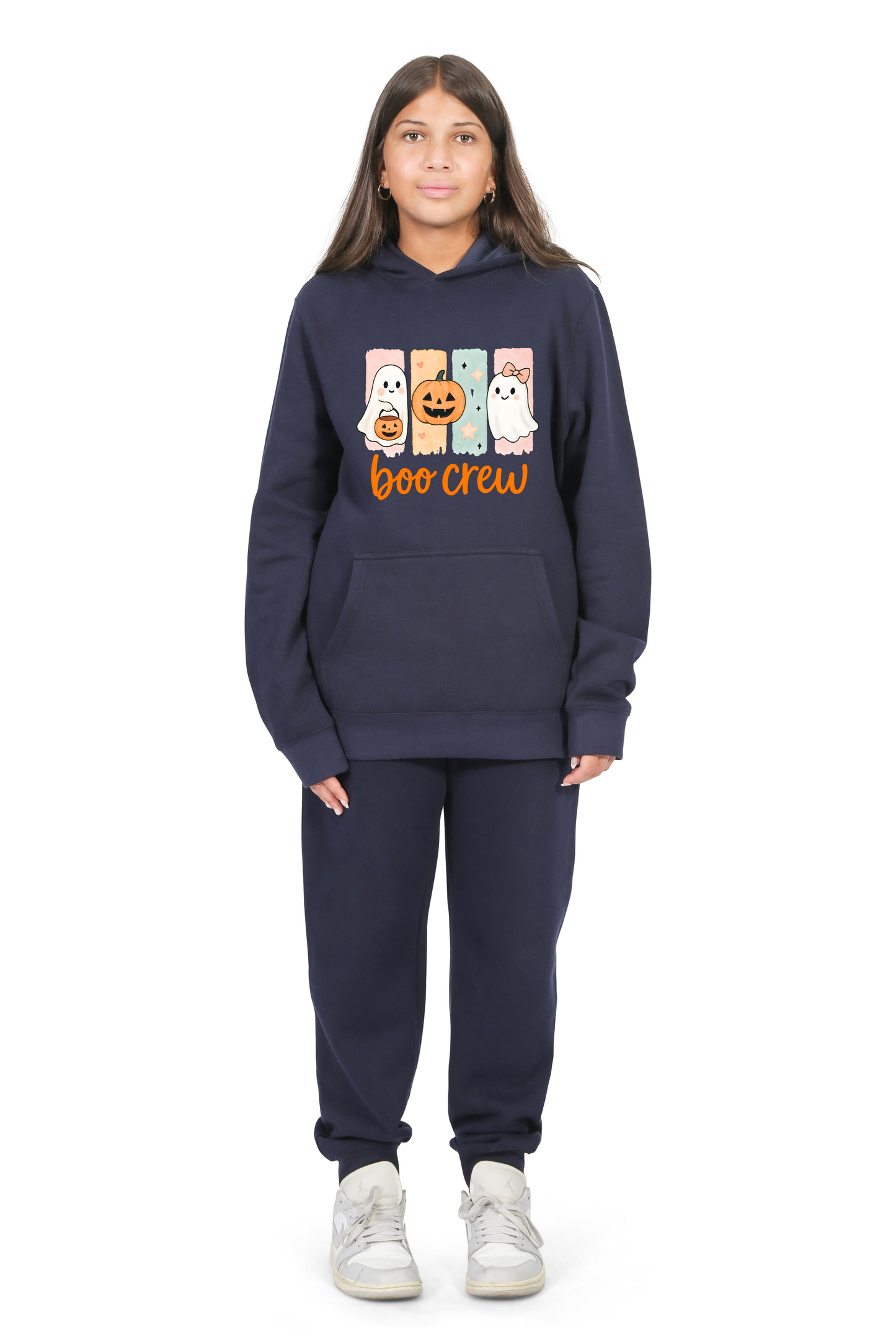 Everyday Kids “Boo Crew” Halloween Pullover Hoodie – Cute Ghosts and Pumpkins – Cozy Fall Sweatshirt for Girls, Navy
