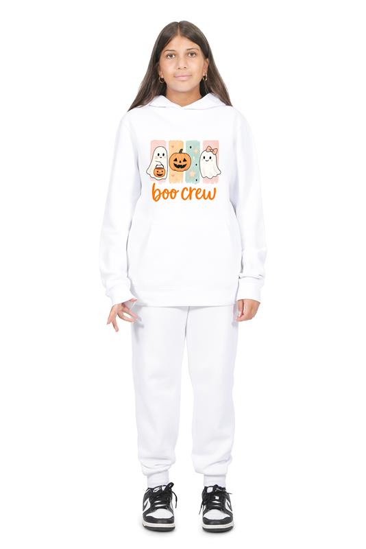 Everyday Kids “Boo Crew” Halloween Pullover Hoodie – Cute Ghosts and Pumpkins – Cozy Fall Sweatshirt for Girls, White