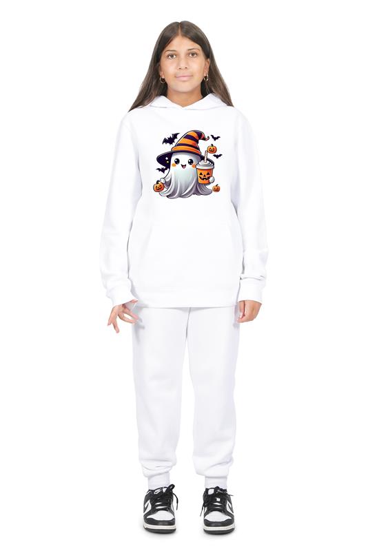 Everyday Kids Halloween Pullover Hoodie – Cute Ghost with Witch Hat and Pumpkin Drink – Cozy Fall Sweatshirt for Girls, White