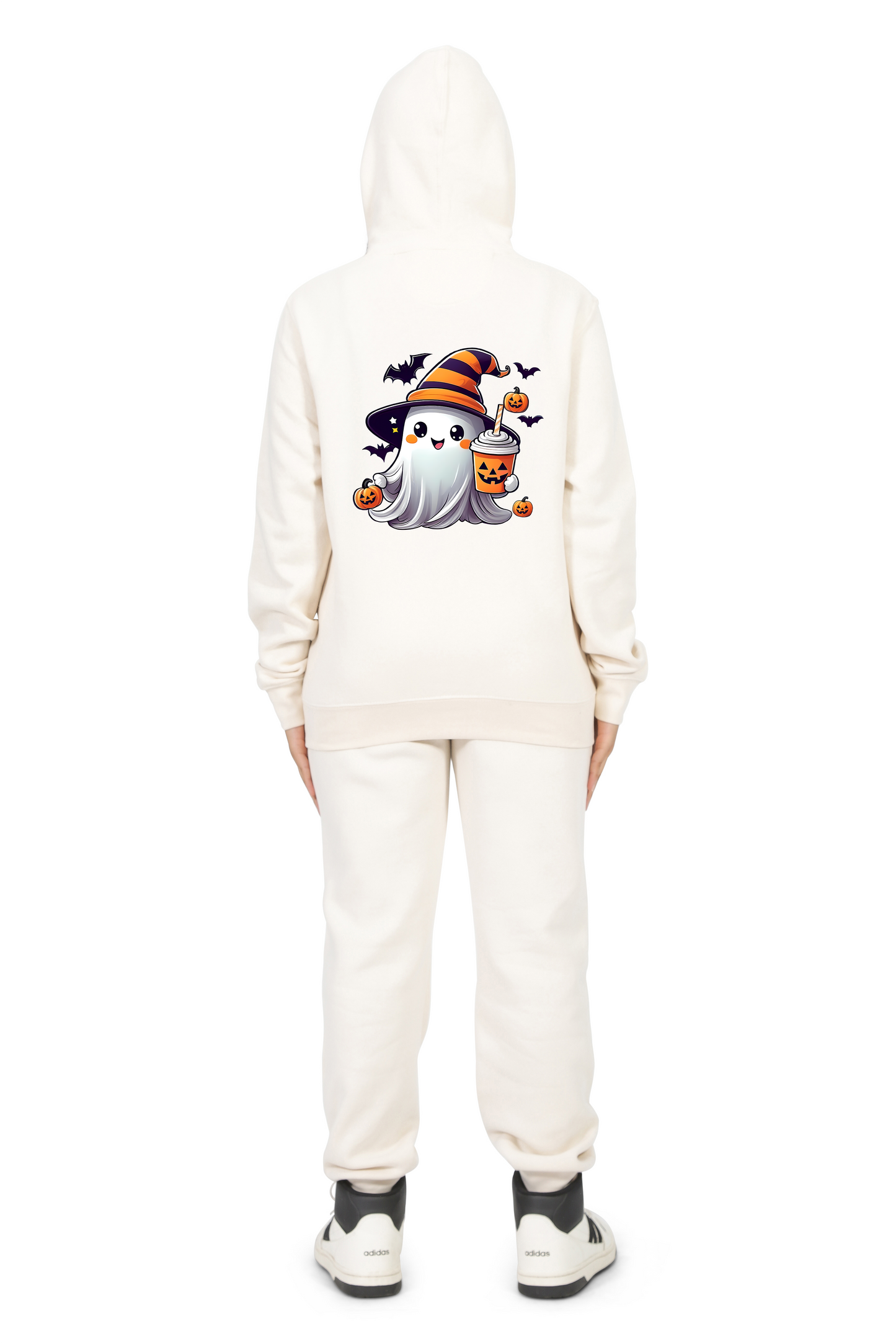 Everyday Kids Halloween Zip Up Hoodie – Cute Ghost with Witch Hat and Pumpkin Drink – Cozy Fall Sweatshirt for Girls, Off-White