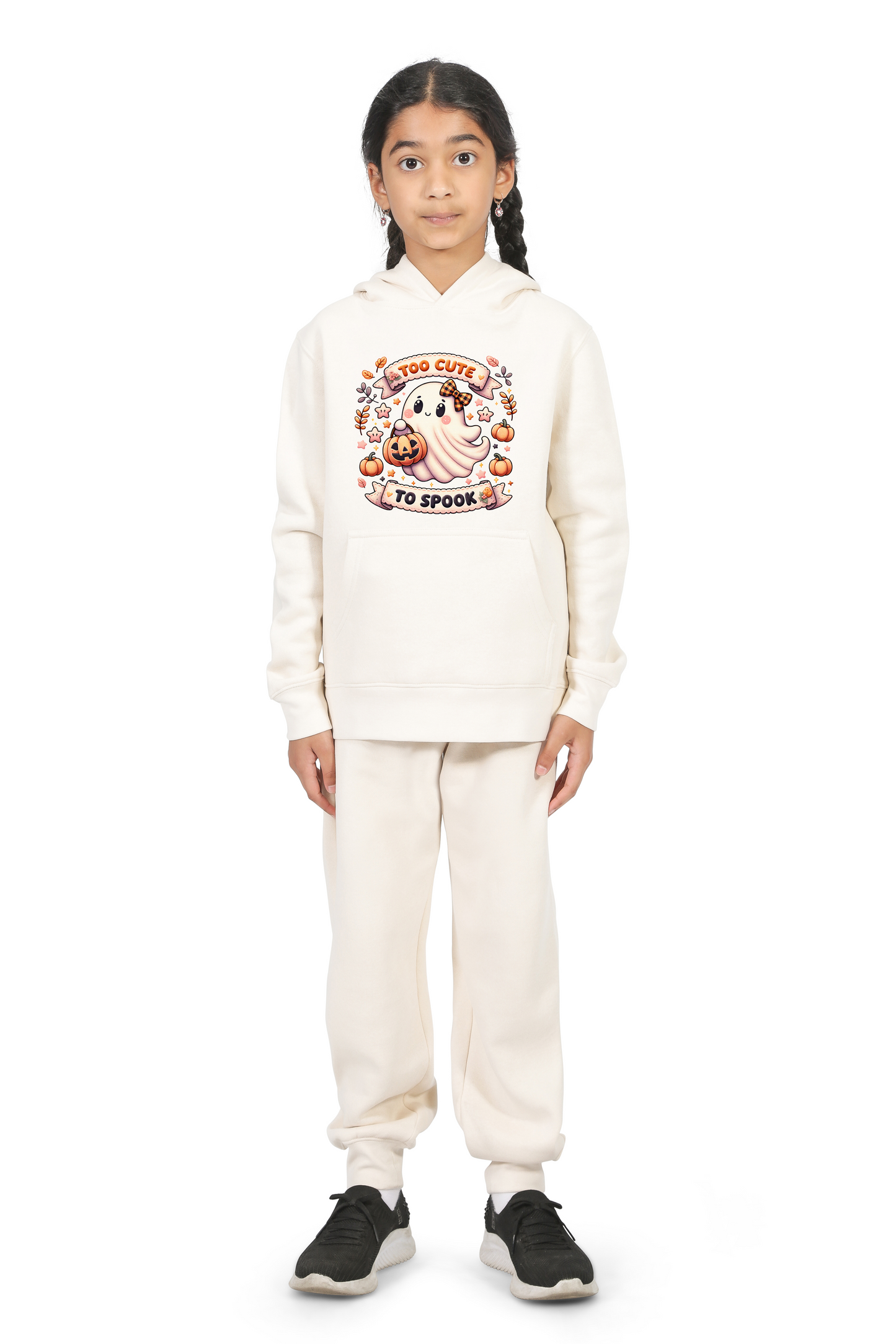 Everyday Kids “Too Cute To Spook” Halloween Pullover Hoodie – Adorable Ghost with Pumpkin Lantern – Cozy Fall Sweatshirt for Girls, Off-White