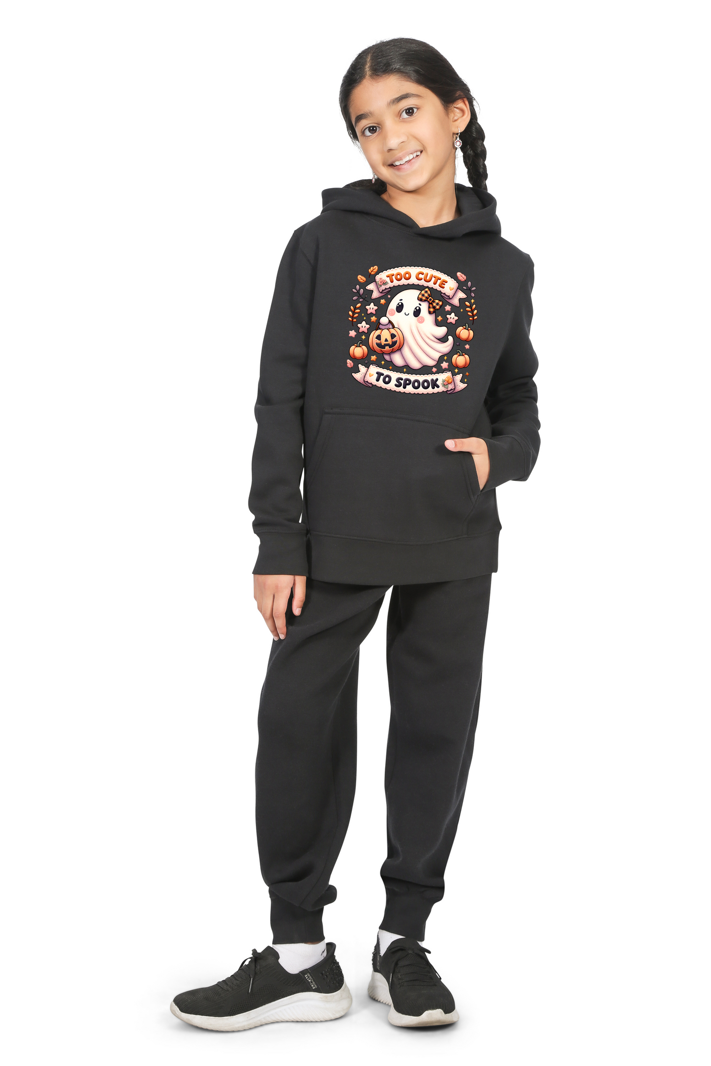 Everyday Kids “Too Cute To Spook” Halloween Pullover Hoodie – Adorable Ghost with Pumpkin Lantern – Cozy Fall Sweatshirt for Girls, Black