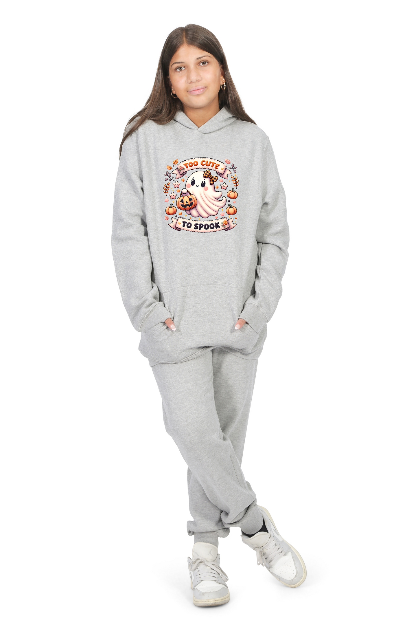 Everyday Kids “Too Cute To Spook” Halloween Pullover Hoodie – Adorable Ghost with Pumpkin Lantern – Cozy Fall Sweatshirt for Girls, Heather Gray