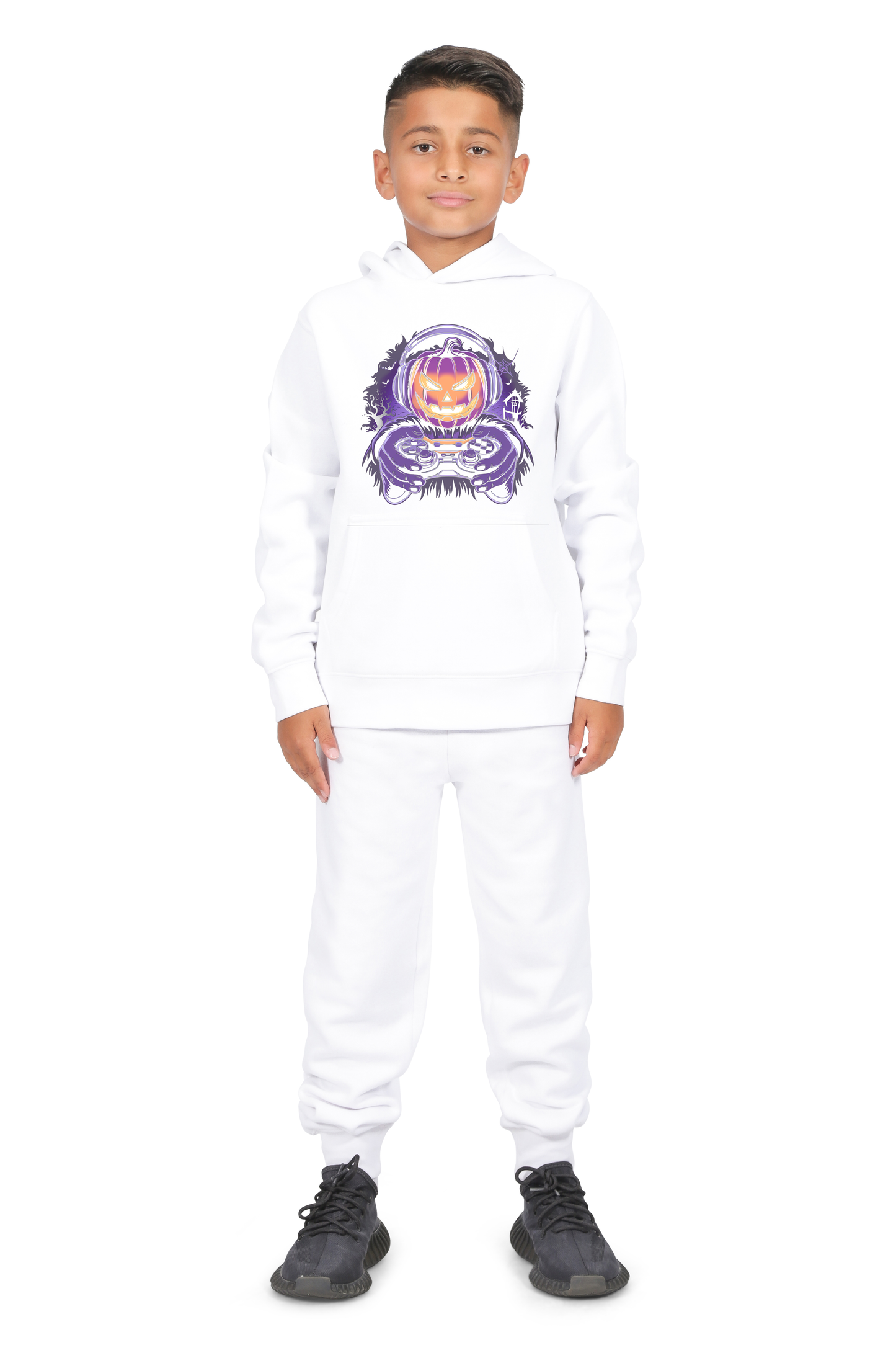 Everyday Kids Halloween Pullover Hoodie – Gamer Pumpkin with Headphones and Controller – Cozy Fall Sweatshirt for Boys, White