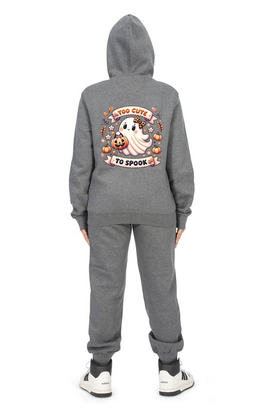 Everyday Kids “Too Cute To Spook” Halloween Zip Up Hoodie – Adorable Ghost with Pumpkin Lantern – Cozy Fall Sweatshirt for Girls, Charcoal Gray