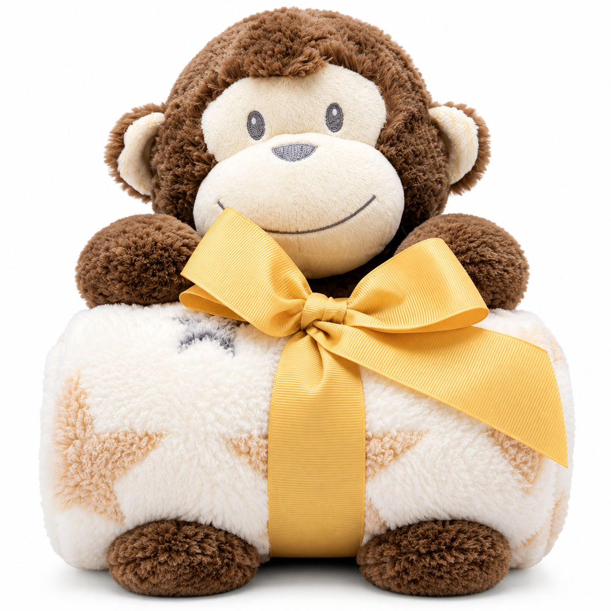 Everyday Kids Fleece Baby Blanket with Plush Monkey Toy, Soft Star Print Sherpa-Style Throw, 36 x 30 Inches, Gift Set for Babies and Toddlers