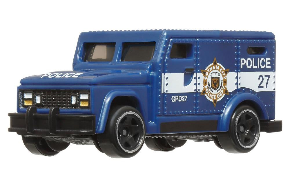 Hot Wheels DC Batman 85th Anniversary Armored Truck, Gotham City Police Department Die-Cast Vehicle, Blue and White, 1:64 Scale