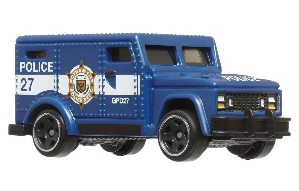 Hot Wheels DC Batman 85th Anniversary Armored Truck, Gotham City Police Department Die-Cast Vehicle, Blue and White, 1:64 Scale
