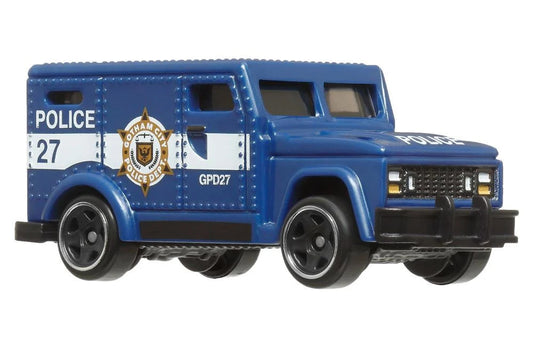 Hot Wheels DC Batman 85th Anniversary Armored Truck, Gotham City Police Department Die-Cast Vehicle, Blue and White, 1:64 Scale