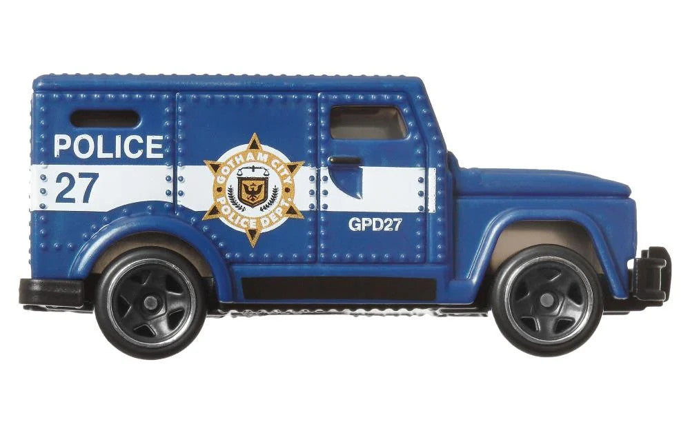 Hot Wheels DC Batman 85th Anniversary Armored Truck, Gotham City Police Department Die-Cast Vehicle, Blue and White, 1:64 Scale