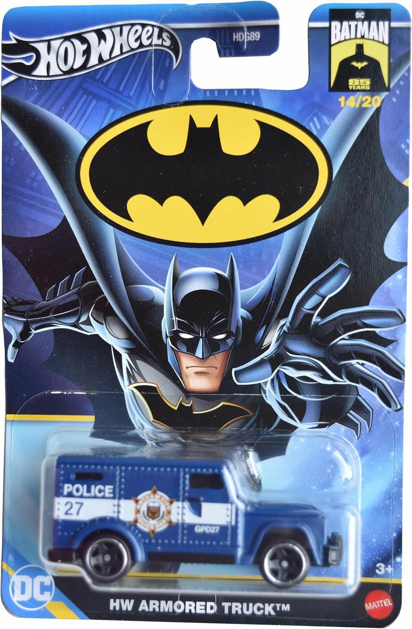 Hot Wheels DC Batman 85th Anniversary Armored Truck, Gotham City Police Department Die-Cast Vehicle, Blue and White, 1:64 Scale