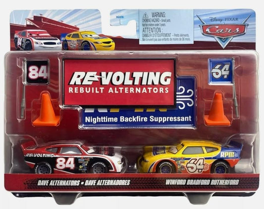 Disney Pixar Cars Fan-Favorite Die-Cast Vehicle 2-Pack Featuring Dave Alternators and Winford Bradford Rutherford with Race Flags and Signs
