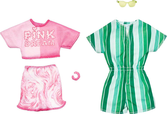 Barbie Fashions 2-Pack Clothing & Accessories Set, Pink Dream Top & Skirt, Striped Romper