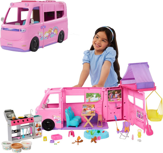 Barbie Dream Camper Playset with Roof Tent, Swing Chair, Fishing Pond, BBQ, Color-Change Feature, and 60+ Accessories