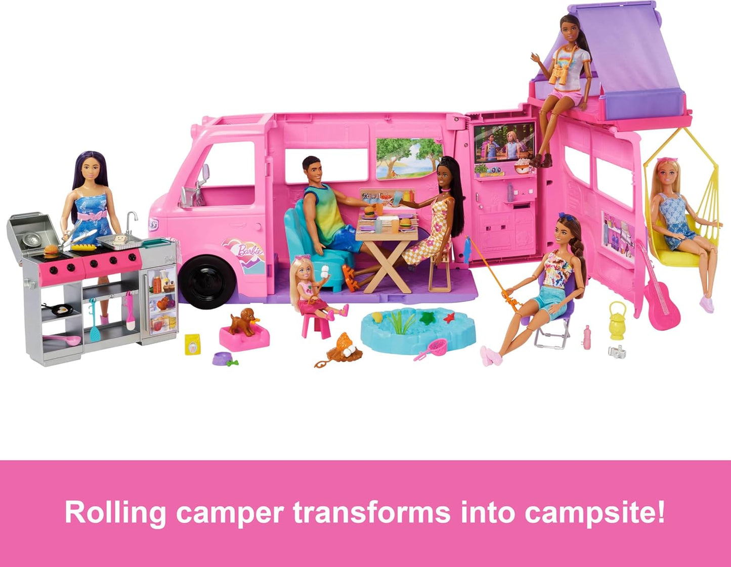 Barbie Dream Camper Playset with Roof Tent, Swing Chair, Fishing Pond, BBQ, Color-Change Feature, and 60+ Accessories