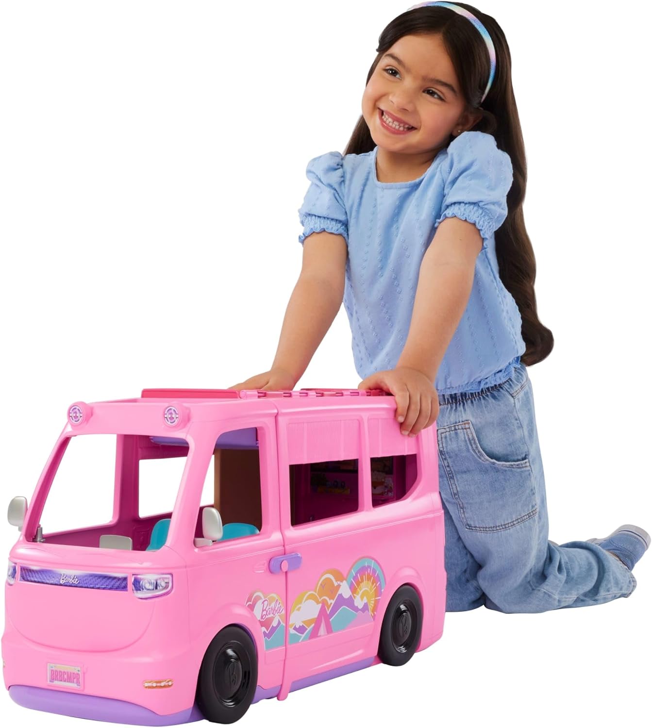 Barbie Dream Camper Playset with Roof Tent, Swing Chair, Fishing Pond, BBQ, Color-Change Feature, and 60+ Accessories