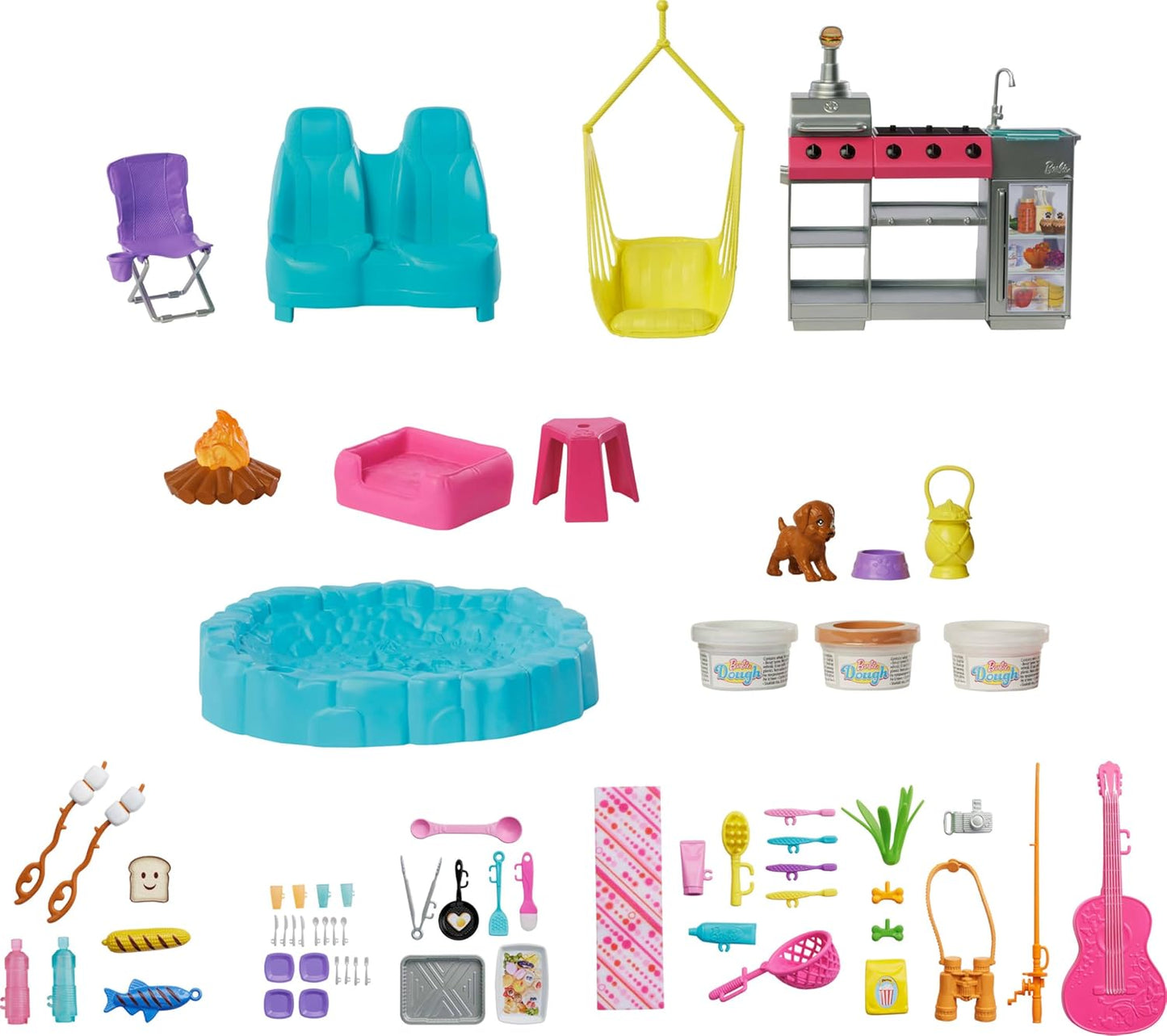 Barbie Dream Camper Playset with Roof Tent, Swing Chair, Fishing Pond, BBQ, Color-Change Feature, and 60+ Accessories