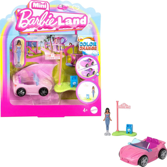 Barbie Mini BarbieLand Playset with 1.5-Inch Doll, Convertible Car with Color-Change Surprise, and Street Sign Accessory