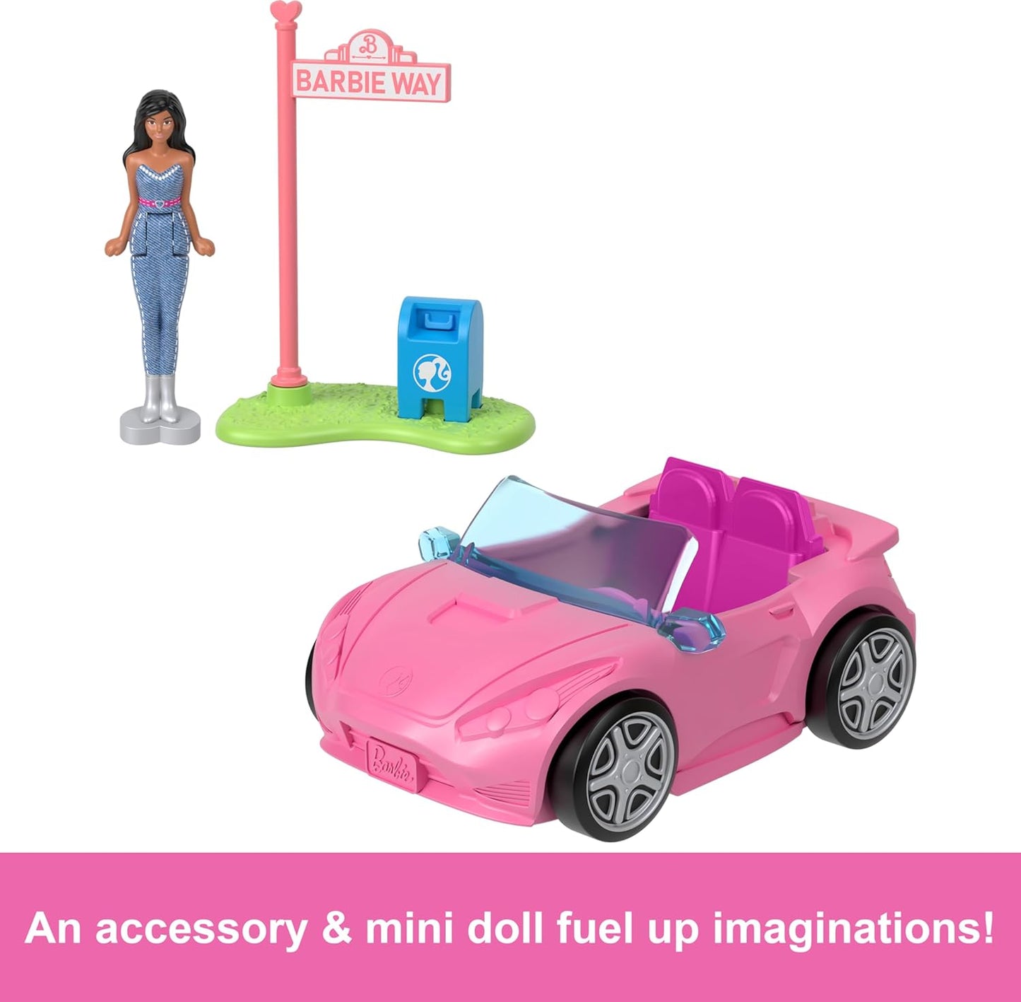 Barbie Mini BarbieLand Playset with 1.5-Inch Doll, Convertible Car with Color-Change Surprise, and Street Sign Accessory