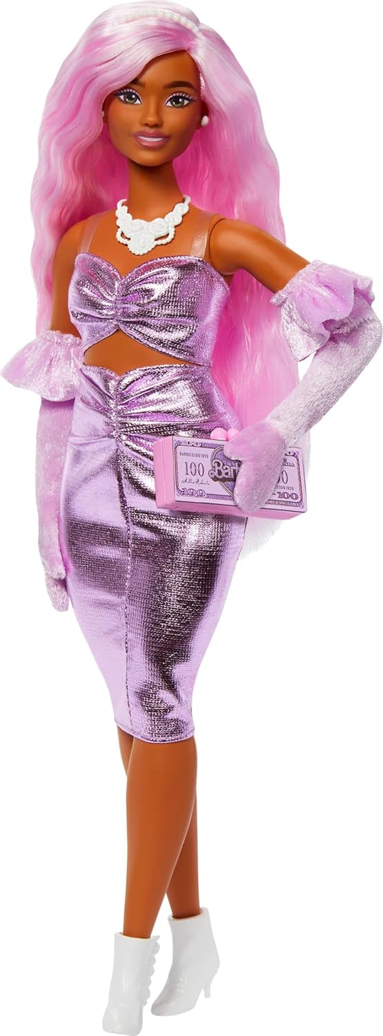 Barbie Deluxe Style Doll #1 in Barbiecore Outfit with Pink Hair, Glossy Pink Dress, Velvet Gloves, Money Purse, and Accessories