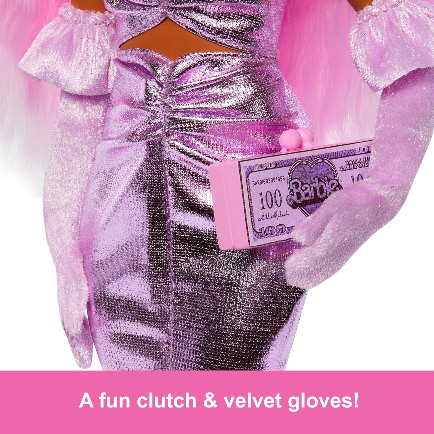 Barbie Deluxe Style Doll #1 in Barbiecore Outfit with Pink Hair, Glossy Pink Dress, Velvet Gloves, Money Purse, and Accessories
