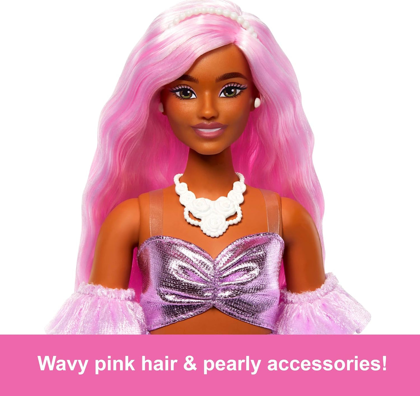 Barbie Deluxe Style Doll #1 in Barbiecore Outfit with Pink Hair, Glossy Pink Dress, Velvet Gloves, Money Purse, and Accessories