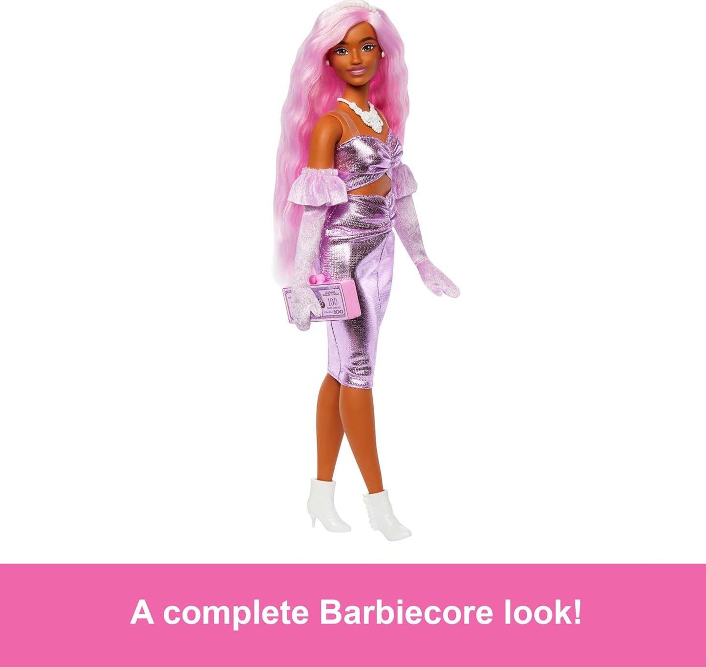 Barbie Deluxe Style Doll #1 in Barbiecore Outfit with Pink Hair, Glossy Pink Dress, Velvet Gloves, Money Purse, and Accessories
