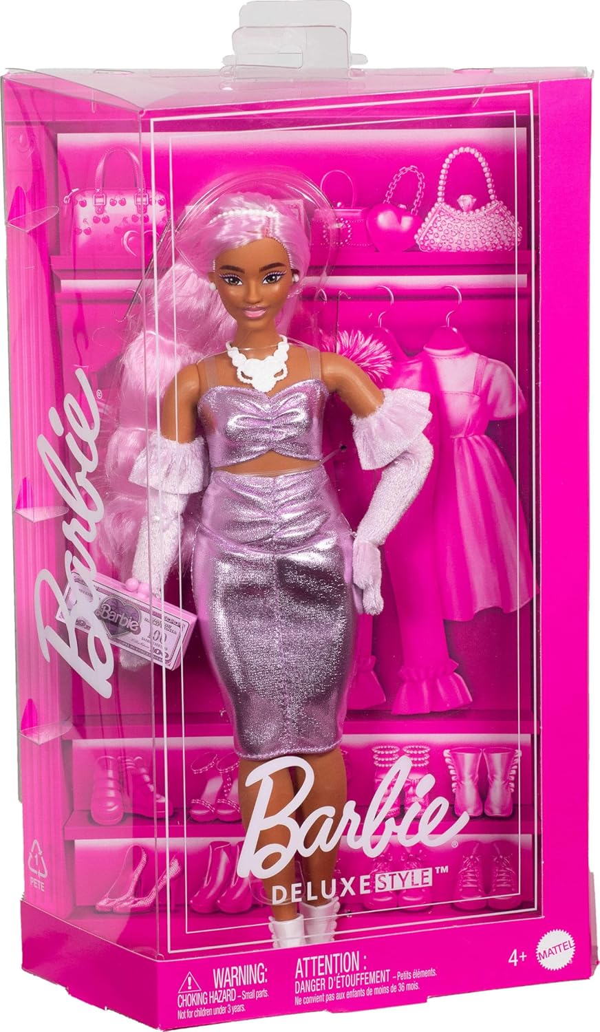Barbie Deluxe Style Doll #1 in Barbiecore Outfit with Pink Hair, Glossy Pink Dress, Velvet Gloves, Money Purse, and Accessories