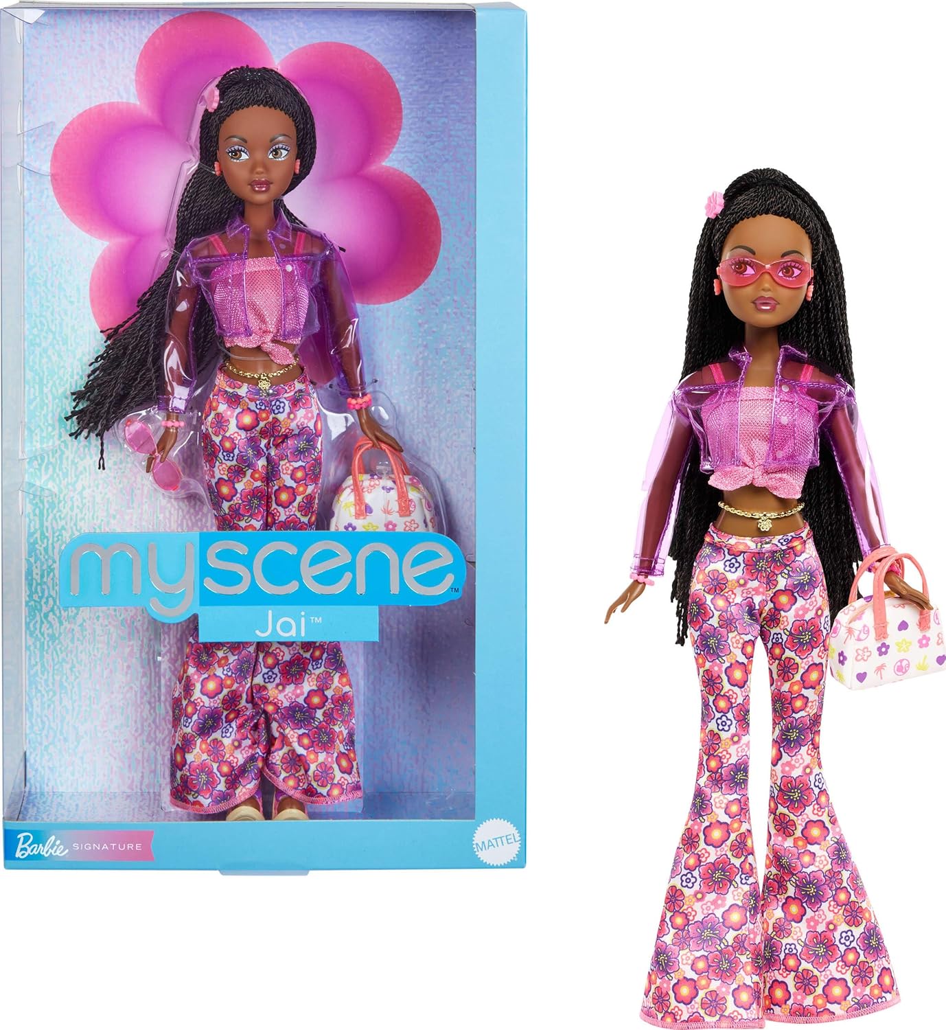 Barbie Signature My Scene Jai Doll with Black Braids, Y2K Outfit, Pink Top, Vinyl Jacket, Floral Flare Pants, and Doll Stand
