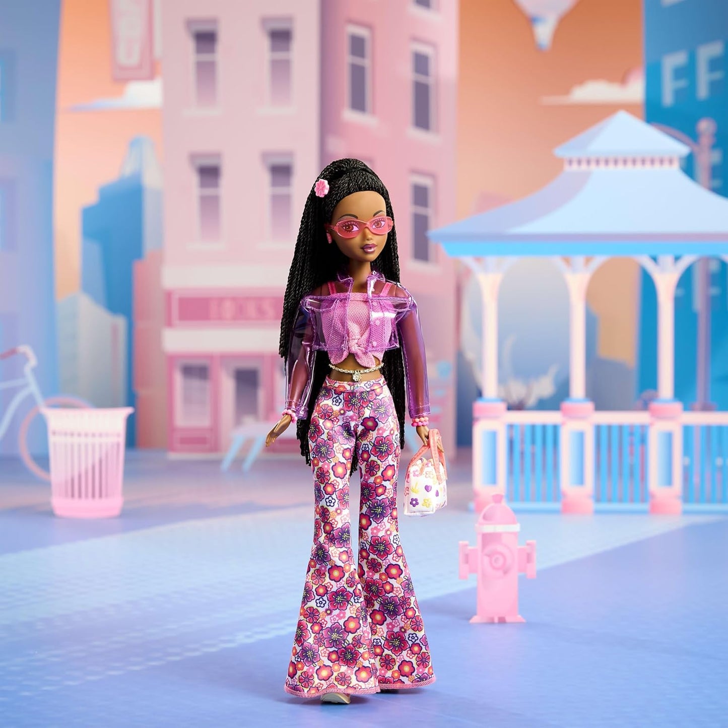 Barbie Signature My Scene Jai Doll with Black Braids, Y2K Outfit, Pink Top, Vinyl Jacket, Floral Flare Pants, and Doll Stand