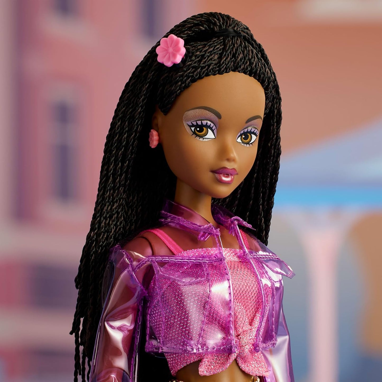Barbie Signature My Scene Jai Doll with Black Braids, Y2K Outfit, Pink Top, Vinyl Jacket, Floral Flare Pants, and Doll Stand