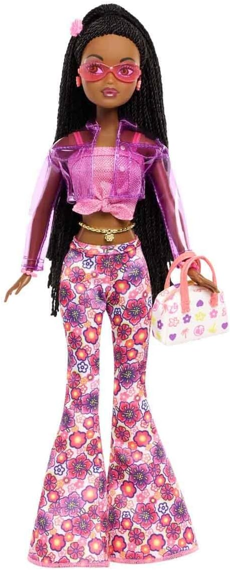 Barbie Signature My Scene Jai Doll with Black Braids, Y2K Outfit, Pink Top, Vinyl Jacket, Floral Flare Pants, and Doll Stand